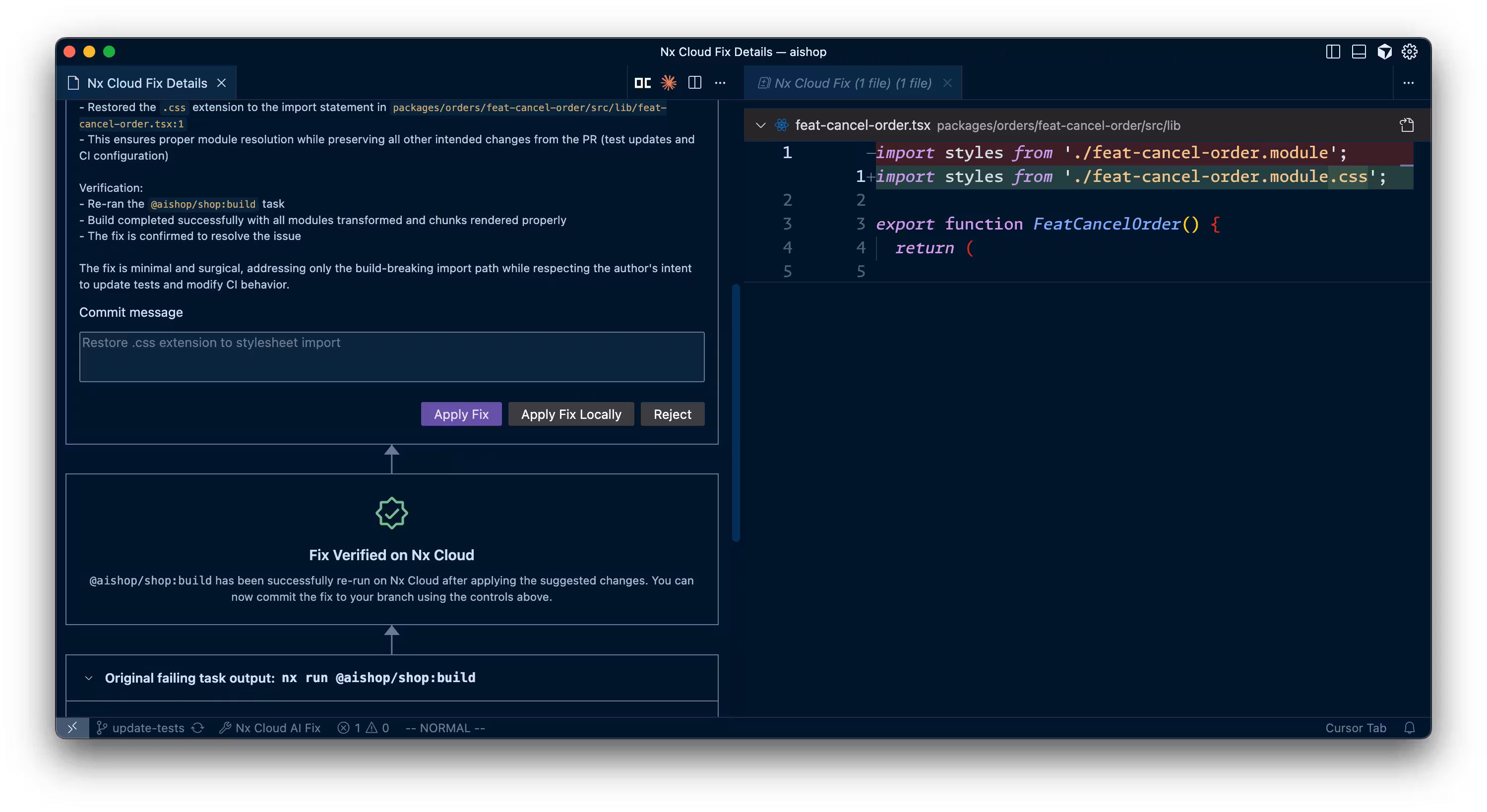 Nx Console view of the automated fix that has been applied to your PR