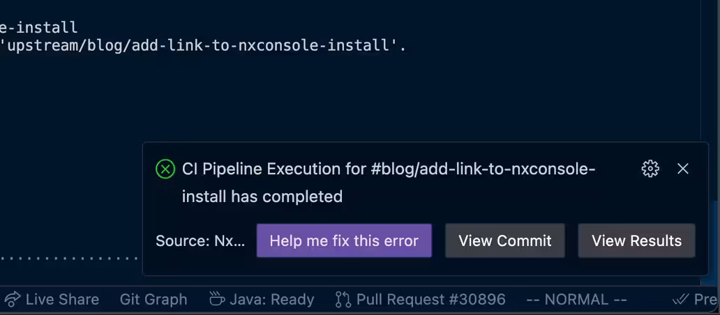 Nx Console shows the notification of the CI failure